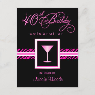 40th Birthday Party Invitations - Hot Pink Zebra