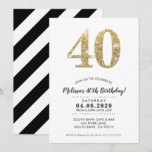 40TH BIRTHDAY PARTY INVITE modern gold glitter (Front/Back)