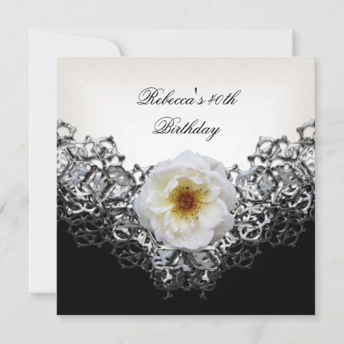 40th Birthday Party Lace Black White Flower Silver Personalized Invitation