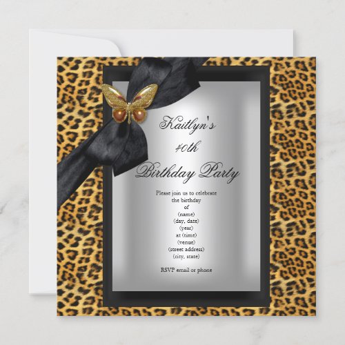 40th Birthday Party Leopard Black Butterfly Personalized Announcement