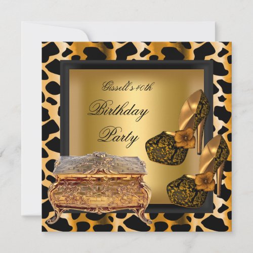 40th Birthday Party Leopard Black Gold Shoes Invitation