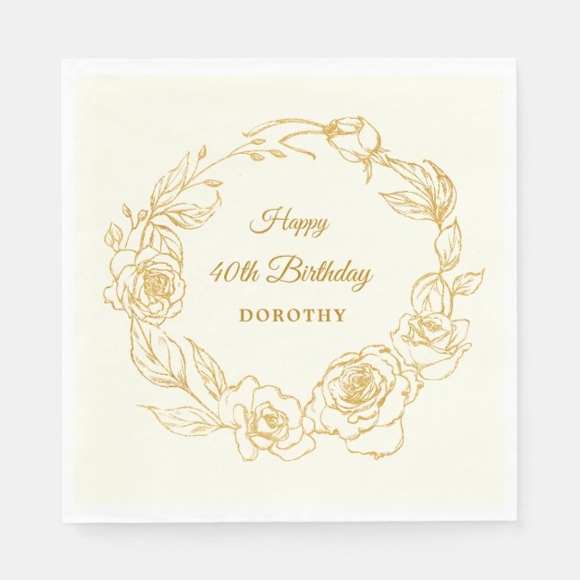 40th Birthday Party Luxe Gold Rose Ivory Cocktail Napkins (Front)