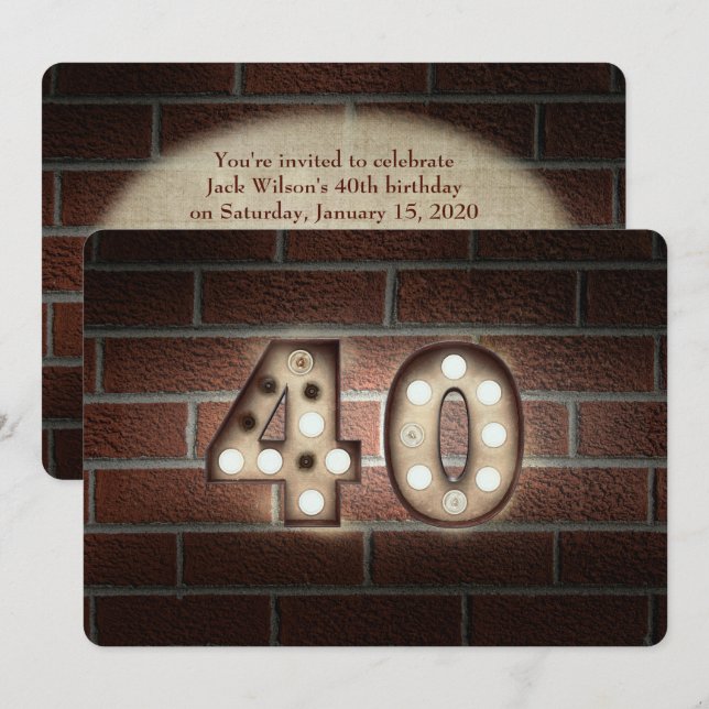 40th Birthday Party-marquee lights on brick Invitation (Front/Back)