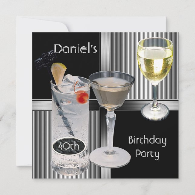 40th Birthday Party Mens Drinks Metal Black Silver Invitation (Front)