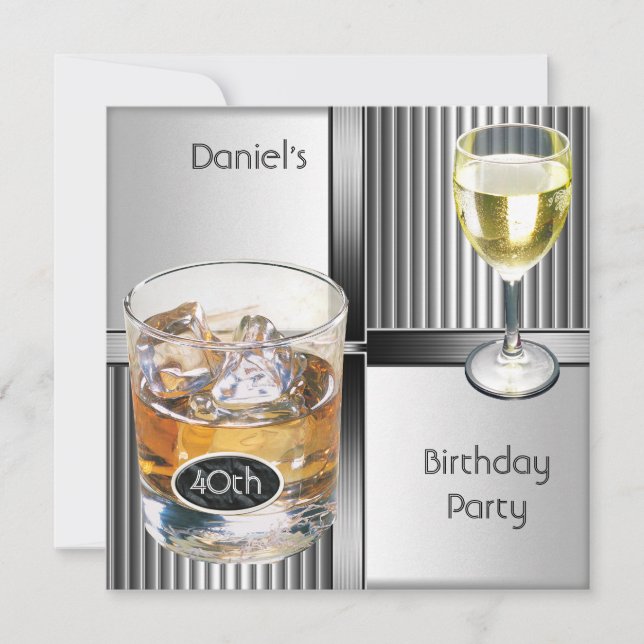40th Birthday Party Mens Drinks Metal Black Silver Invitation (Front)