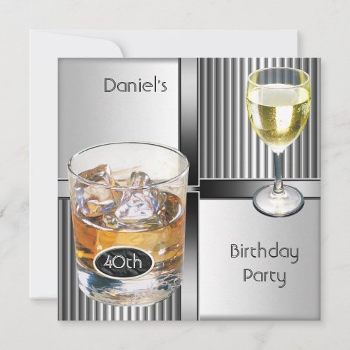 40th Birthday Party Mens Drinks Metal Black Silver Invitation