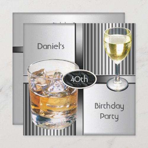 40th Birthday Party Mens Drinks Metal Black Silver Invitation