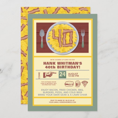 40th Birthday Party Mens Funny Bacon Eggs Theme Invitation