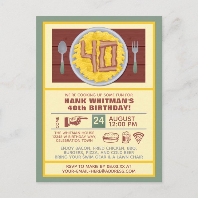 40th Birthday Party Mens Funny Bacon Theme Invitation Postcard (Front)