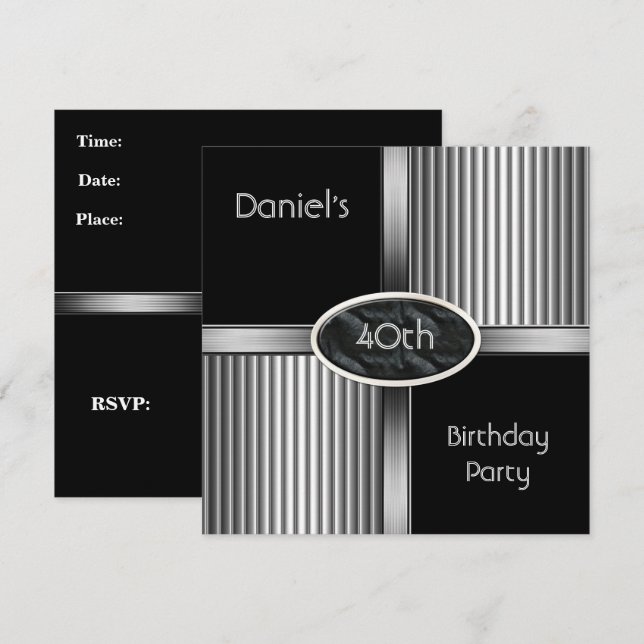 40th Birthday Party Mens Metal Black White Silver Invitation (Front/Back)