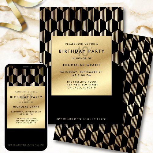 40th Birthday Party Modern Black and Gold Foil