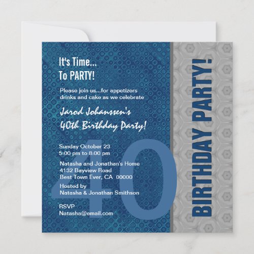 40th Birthday Party Modern Blue and Silver S317 Invitation