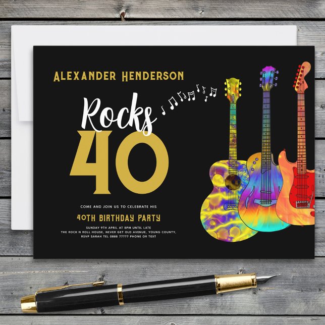 40th Birthday Party Music Guitar Rocks 40 Invitation Postcard (Rock and roll black and gold 40th birthday party invitation with funky psychedelic guitar rocks 40)