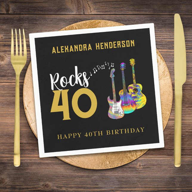 40th Birthday Party Music Guitar Rocks 40 Napkins (Rock and roll black and gold 40th birthday party personalized paper napkin with funky guitars)