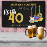 40th Birthday Party Music Guitars Rock and Roll Banner<br><div class="desc">Personalized add your name 40 Rocks 40th birthday party banner with musical notes and three cool colorful guitar designs on black background. Electric guitar, semi acoustic guitar and acoustic guitar psychedelic art illustration in vibrant bright colors with personalized black and gold modern typography. This easy to use template to change...</div>