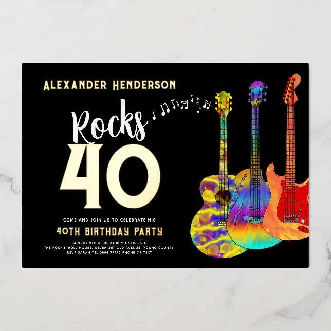 40th Birthday Party Music Rocks 40 Gold Foil Invitation | Zazzle