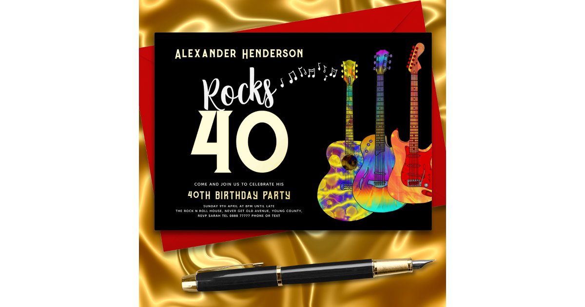 40th Birthday Party Music Rocks 40 Gold Foil Invitation | Zazzle