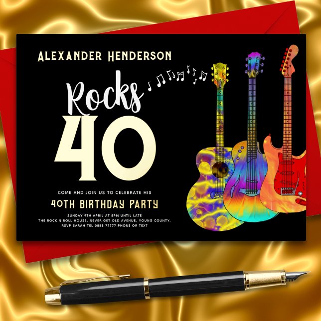 40th Birthday Party Music Rocks 40 Gold Foil Invitation (Rock and roll 40th birthday party black and gold foil invitation)