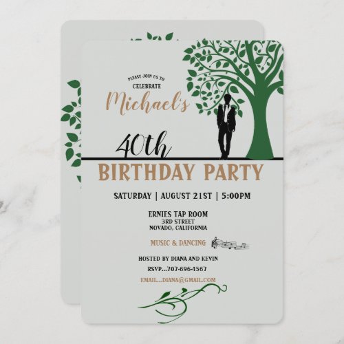 40th Birthday Party Music Tree Man Invitation