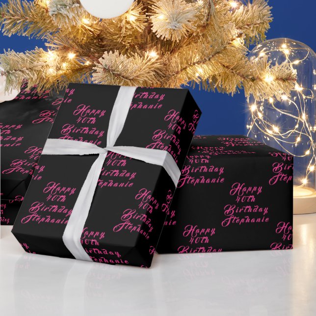 40th Birthday Party Name Black Pink Modern Pattern Wrapping Paper (Holidays)