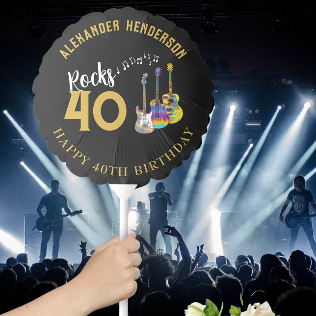 40th Birthday Party Name Guitars Music Rocks 40 Balloon (Rock and roll black and gold custom 40th birthday party balloon with music and funky guitars)
