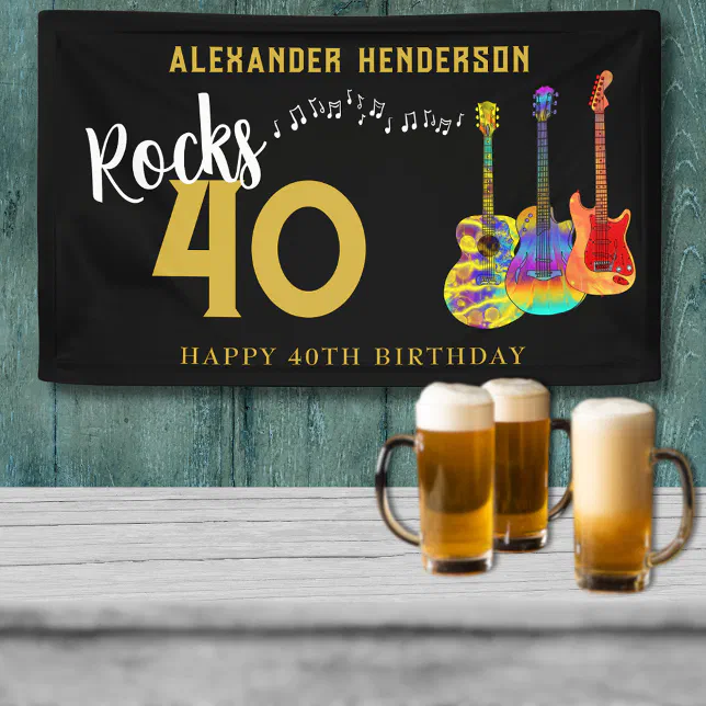 40th Birthday Party Name Guitars Music Rocks 40 Banner | Zazzle
