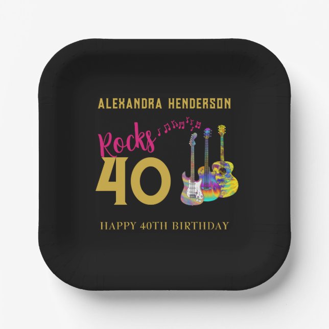 40th Birthday Party Name Guitars Music Rocks 40 Paper Plates (Front)