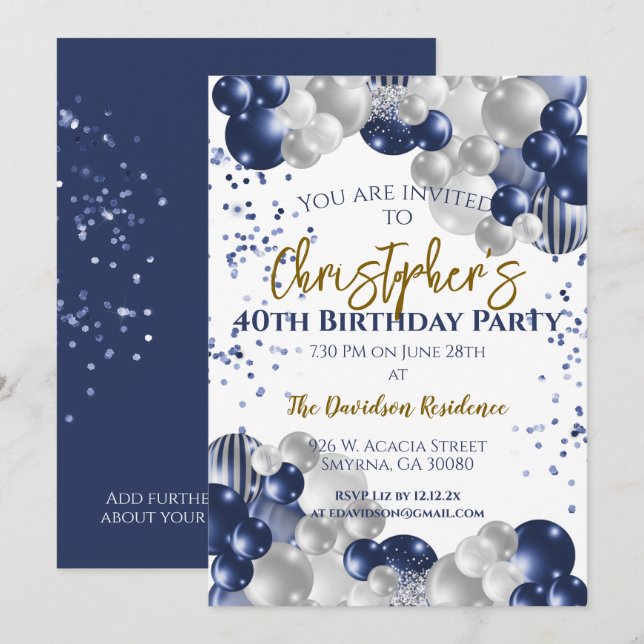 40th Birthday Party Navy Balloons Invitation (Front/Back)