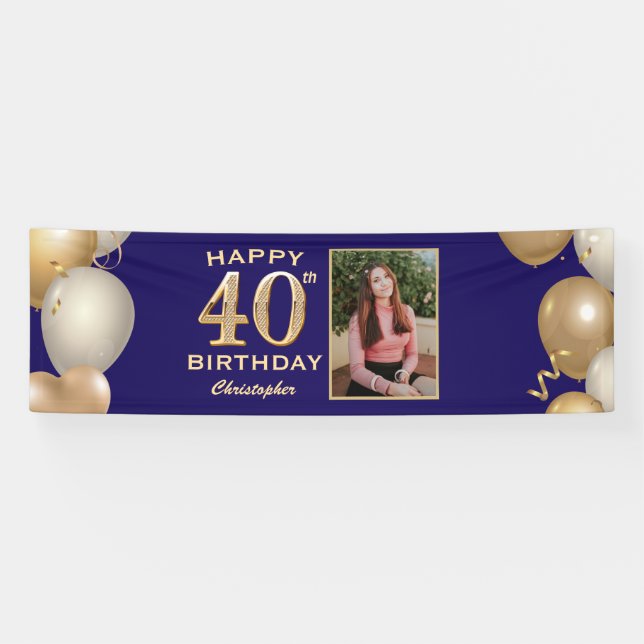 40th Birthday Party Navy Blue and Gold Balloons Banner (Horizontal)