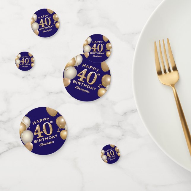 40th Birthday Party Navy Blue and Gold Balloons Confetti (Group)