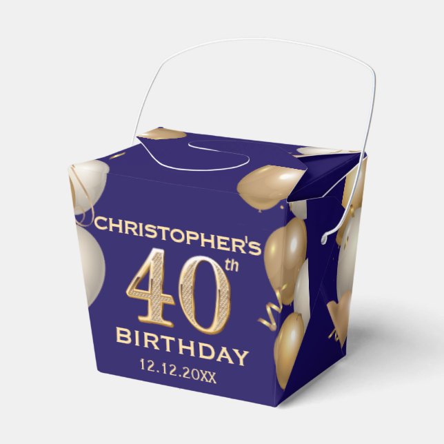 40th Birthday Party Navy Blue and Gold Balloons Favor Boxes (Front Side)