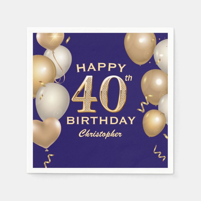 40th Birthday Party Navy Blue and Gold Balloons Napkins (Front)