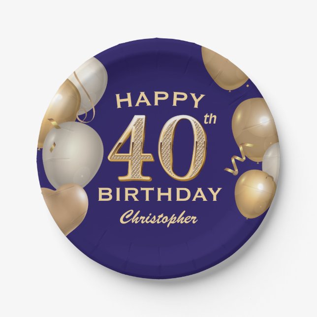 40th Birthday Party Navy Blue and Gold Balloons Paper Plates (Front)