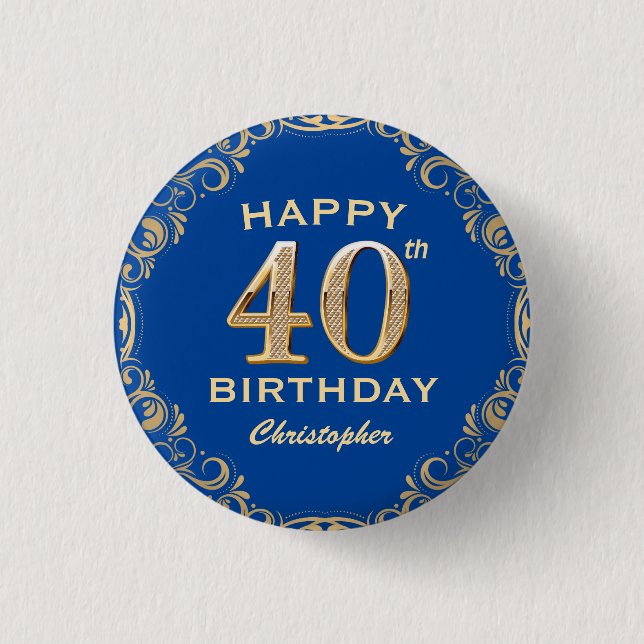 40th Birthday Party Navy Blue and Gold Glitter Button (Front)