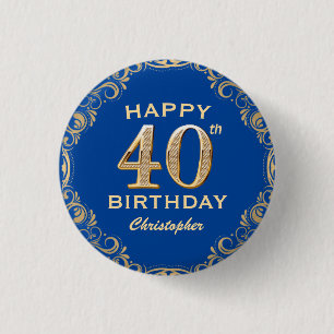 40th Birthday Party Navy Blue and Gold Glitter Button
