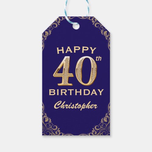 40th Birthday Party Navy Blue and Gold Glitter Gift Tags