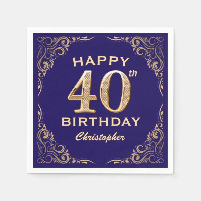 40th Birthday Party Navy Blue and Gold Glitter Napkins (Front)