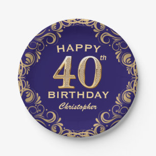 40th Birthday Party Navy Blue and Gold Glitter Paper Plates
