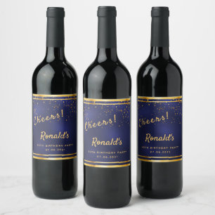 40th Birthday party navy blue gold cheers name Wine Label