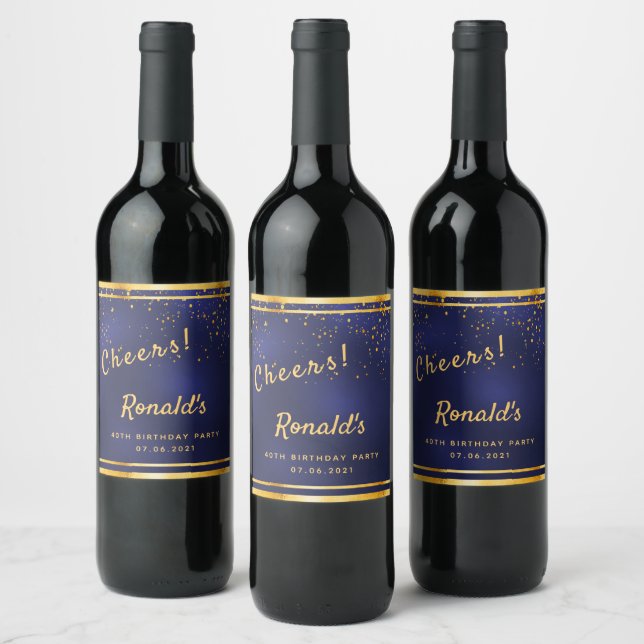40th Birthday party navy blue gold cheers name Wine Label (Bottles)