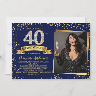 40th Birthday Party Navy Blue Gold Glitter Invitation