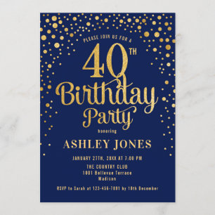 40th Birthday Party - Navy & Gold Invitation