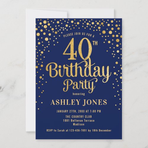 40th Birthday Party _ Navy  Gold Invitation