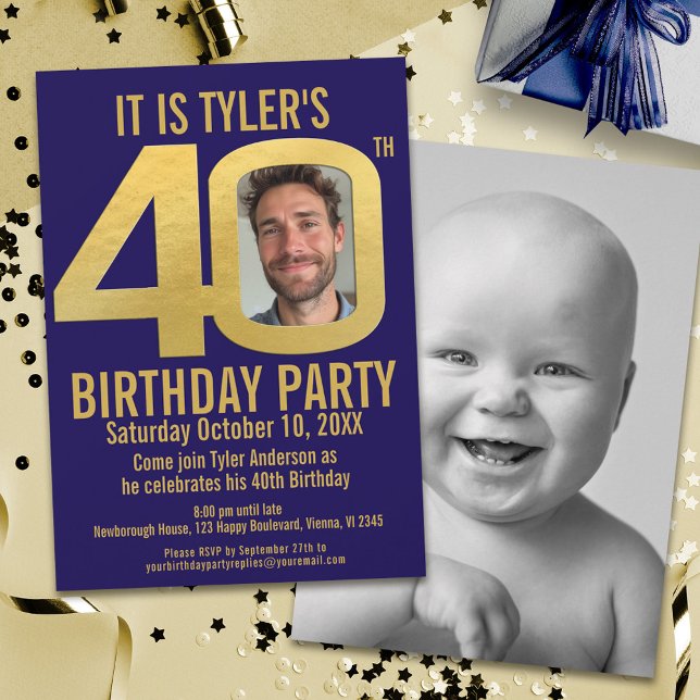 40th Birthday party navy gold photo Invitation (Creator Uploaded)