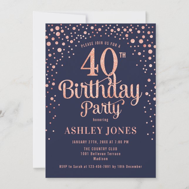 40th Birthday Party - Navy & Rose Gold Invitation (Front)