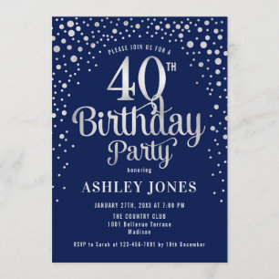40th Birthday Party - Navy & Silver Invitation