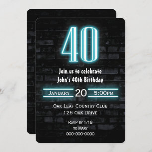 40th Birthday Party Neon Sign on Brick Invitation