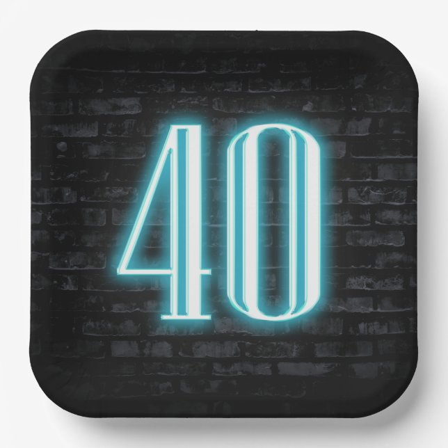 40th Birthday Party Neon Sign on Brick Paper Plates (Front)
