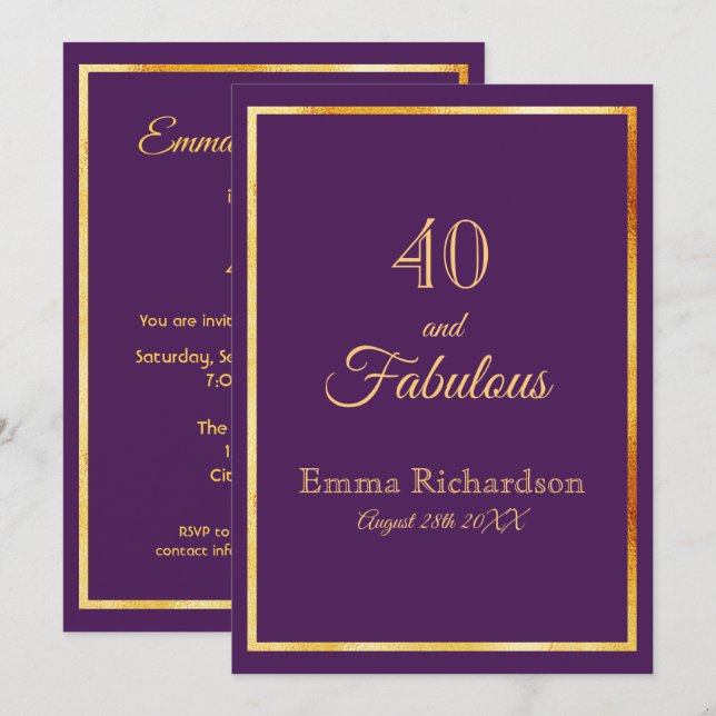 40th birthday party on purple with gold frame invitation (Front/Back)