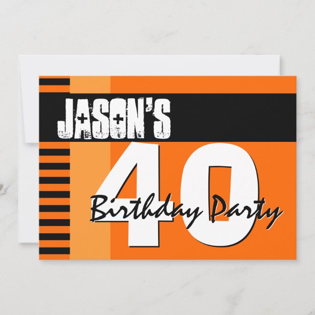 40th Birthday Party Orange and Black Stripes Invitation (Front)